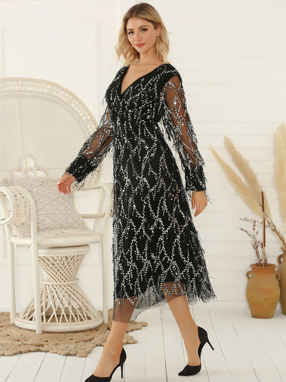 Party Dresses Sequins Backless V-Neck Long Sleeves Lace Up Midi Dress