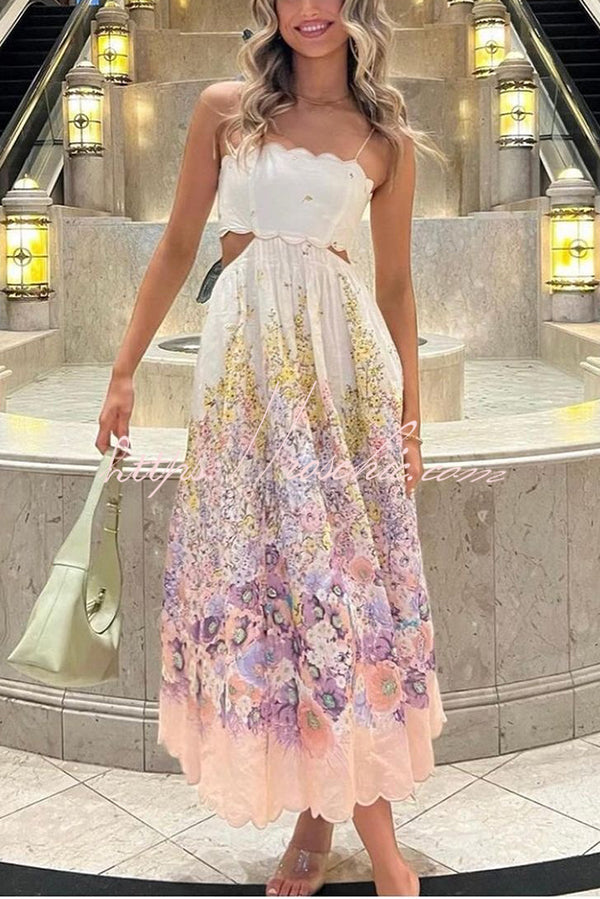 Cabo Sunsets Floral Print Petal Trim Back Lace-up Pocket Midi Dress