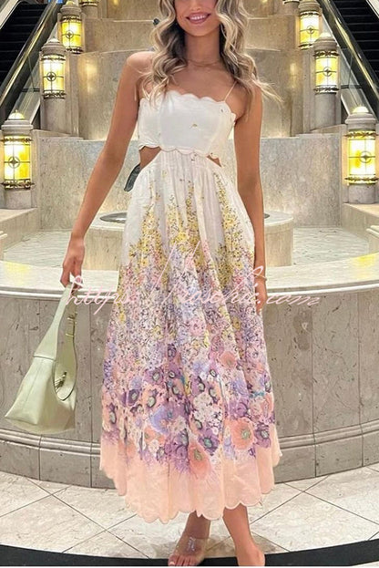Cabo Sunsets Floral Print Petal Trim Back Lace-up Pocket Midi Dress