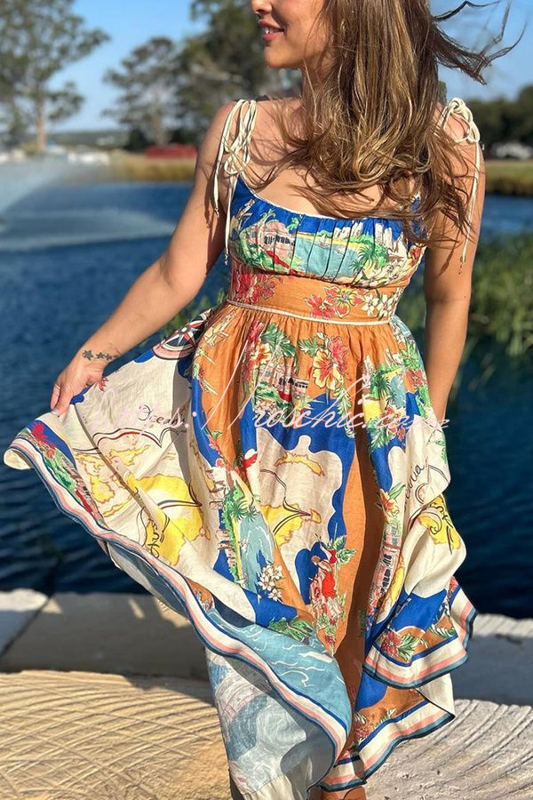 Unique Printed Lace-up Suspender Pockets Casual Resort Style Midi Dress