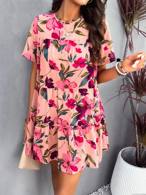 Botanical print short-sleeved tiered mini dress