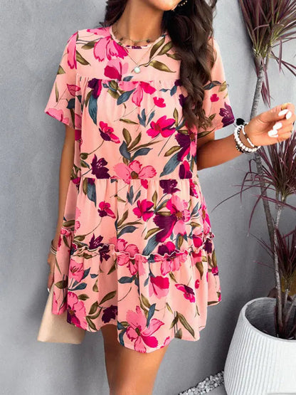 Botanical print short-sleeved tiered mini dress