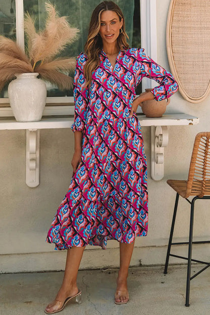 abstract geometric print high waist maxi dress