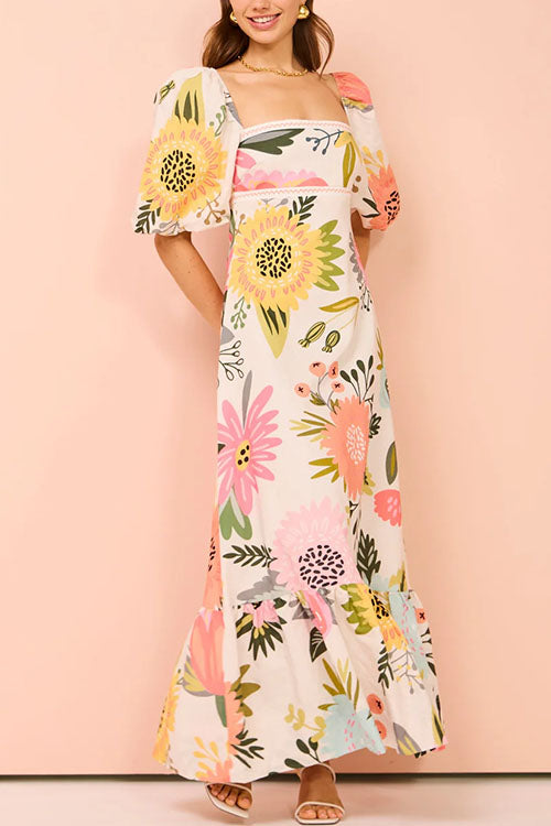Square Collar Puff Sleeves Floral Print Cotton Linen Ruffle Maxi Dress