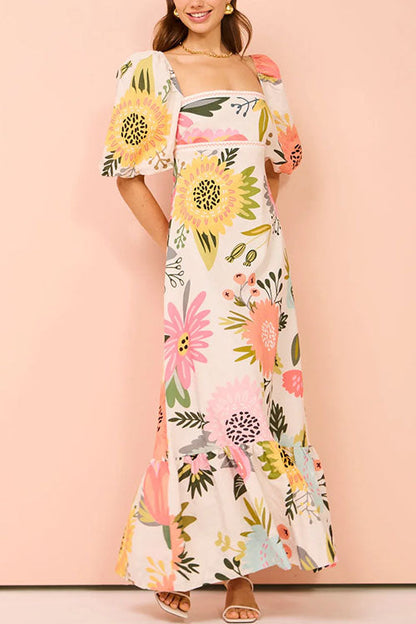Square Collar Puff Sleeves Floral Print Cotton Linen Ruffle Maxi Dress