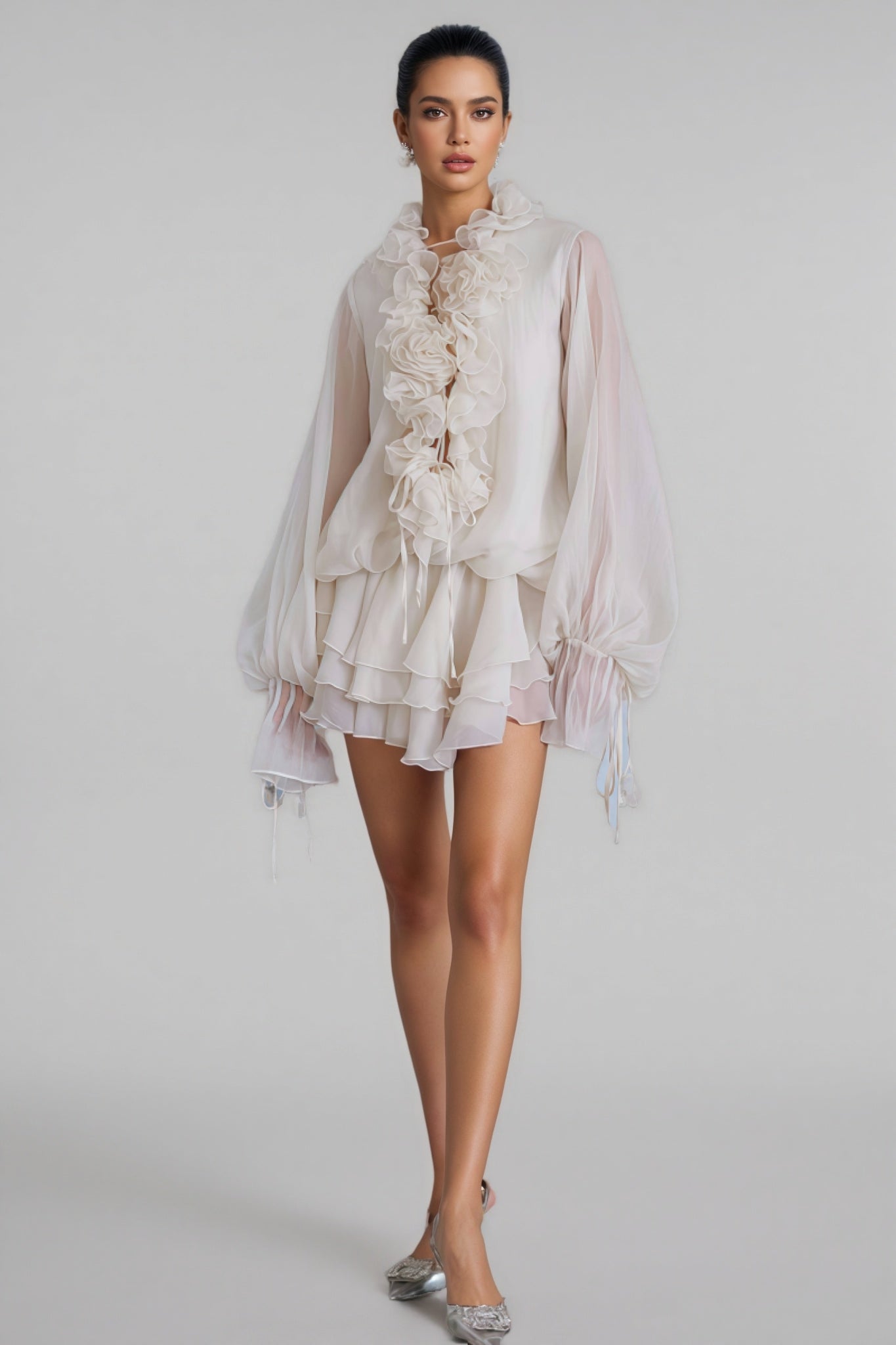 Elsonv 3D Floral Lantern Sleeve Mini Dress