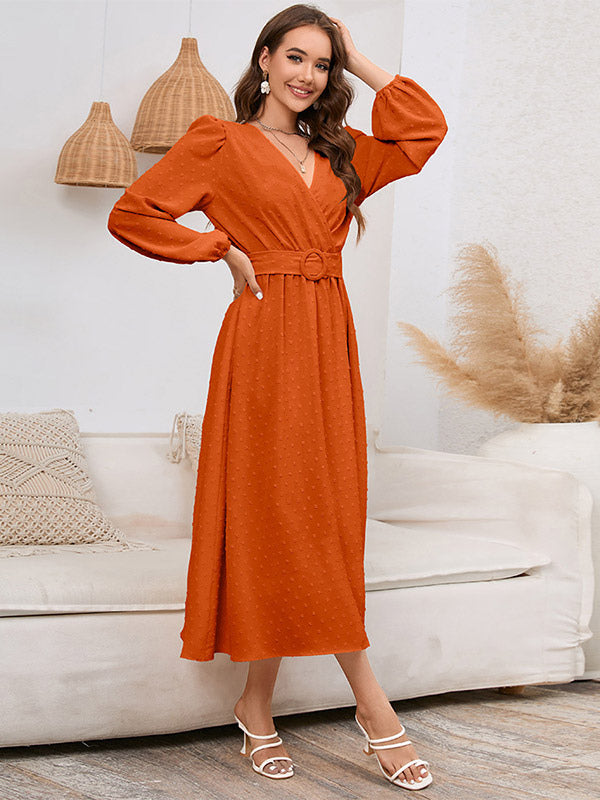Midi Dresses V-Neck Lantern Sleeves Sash Chiffon Knee Length Dress