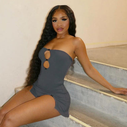 Y2K Sexy Mini Dress Women Summer Hottie Hollow Out Strapless Solid Color Pullover Dresses Streetwear 2024 Women Clothing