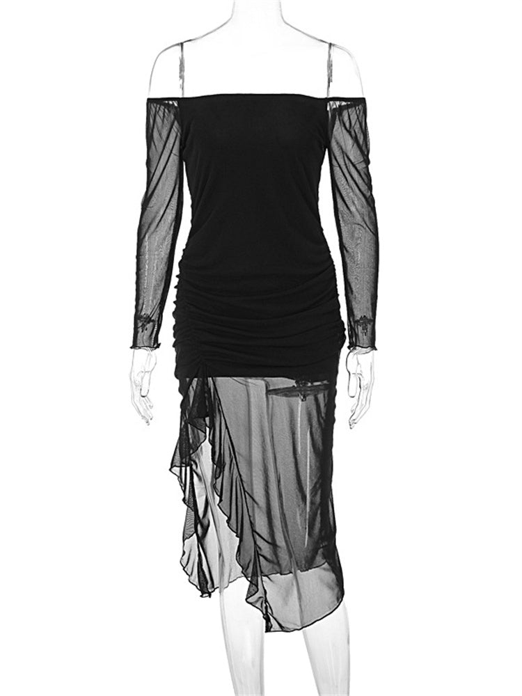 Tossy Black Mesh Ruffled Midi Dress Female Off-Shoulder Slim Fashion Long Sleeve Elegant Split Dress Streetwear Sexy Party Dress