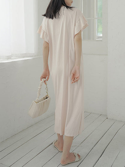 Casual Loose Short Sleeves Falbala Solid Color Round-Neck Midi Dresses