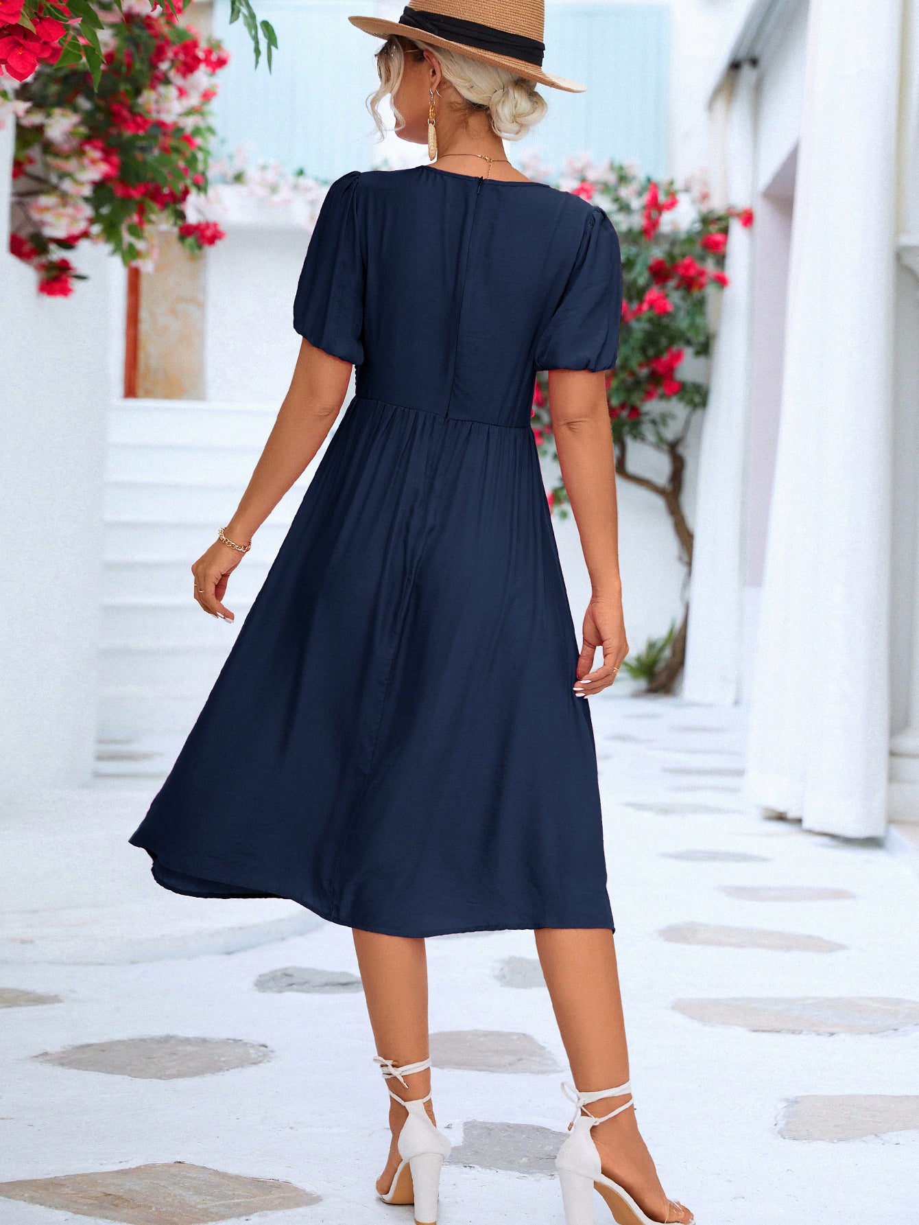 Pleated Casual V-Neck Short Sleeves Midi Dress