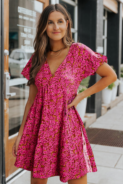 Rose Floral Print Puff Sleeve Babydoll Mini Dress