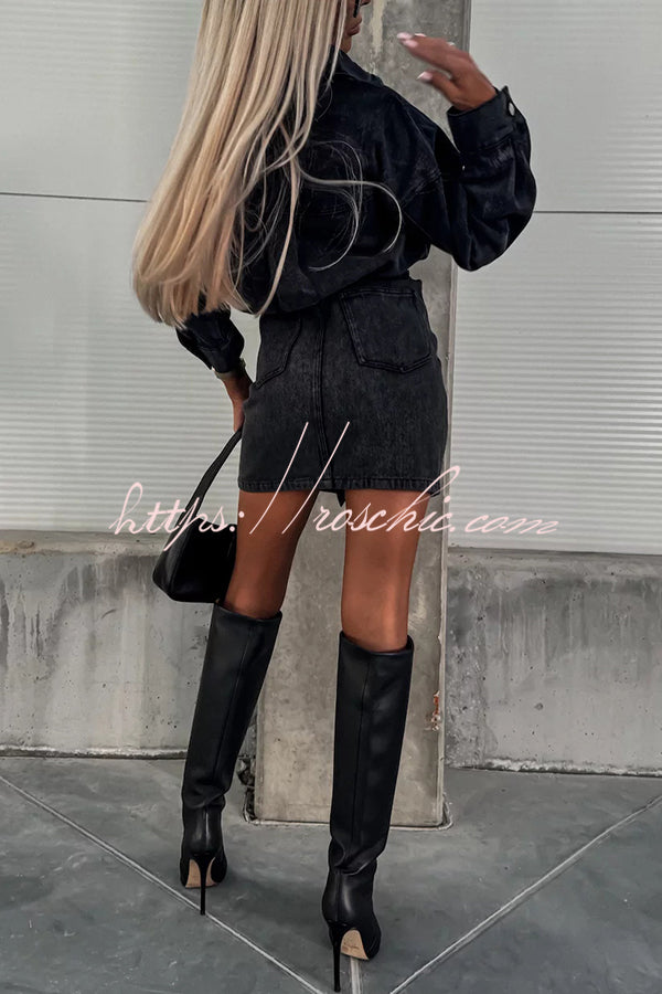 Adele Denim Button Up Belt Pocketed Long Sleeve Mini Dress