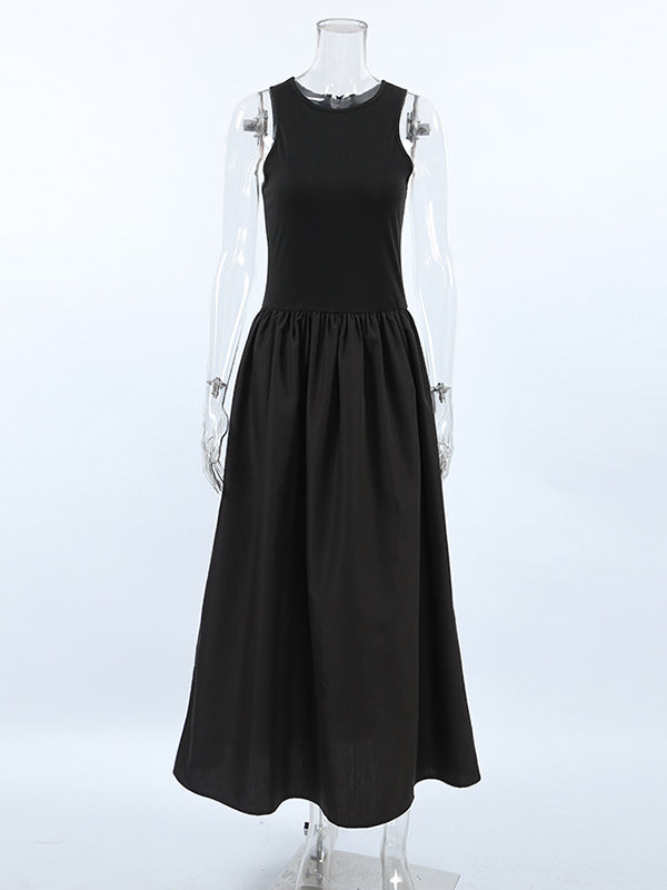 A-Line Sleeveless Solid Color Split-Joint Round-Neck Maxi Dresses