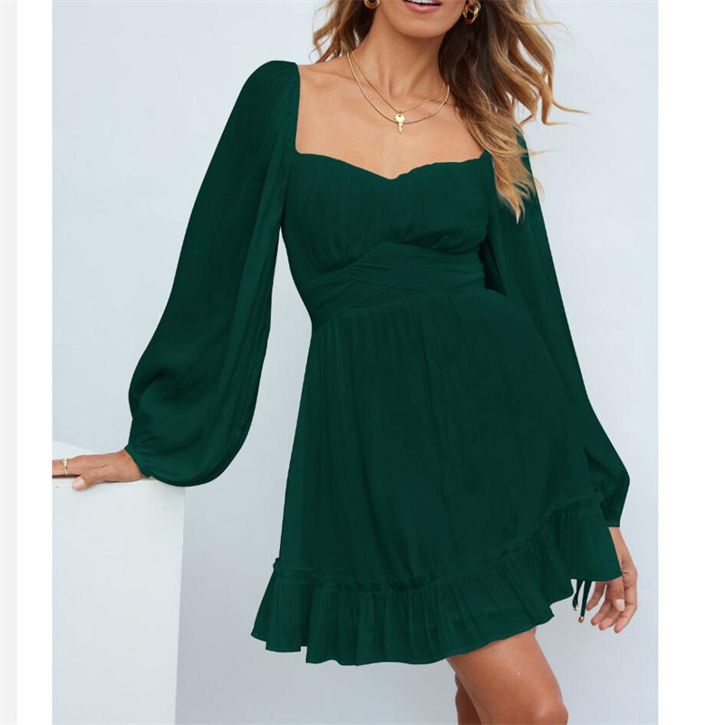 Ruffle Long Sleeve Square Collar Mini Dress in Multiple Colors