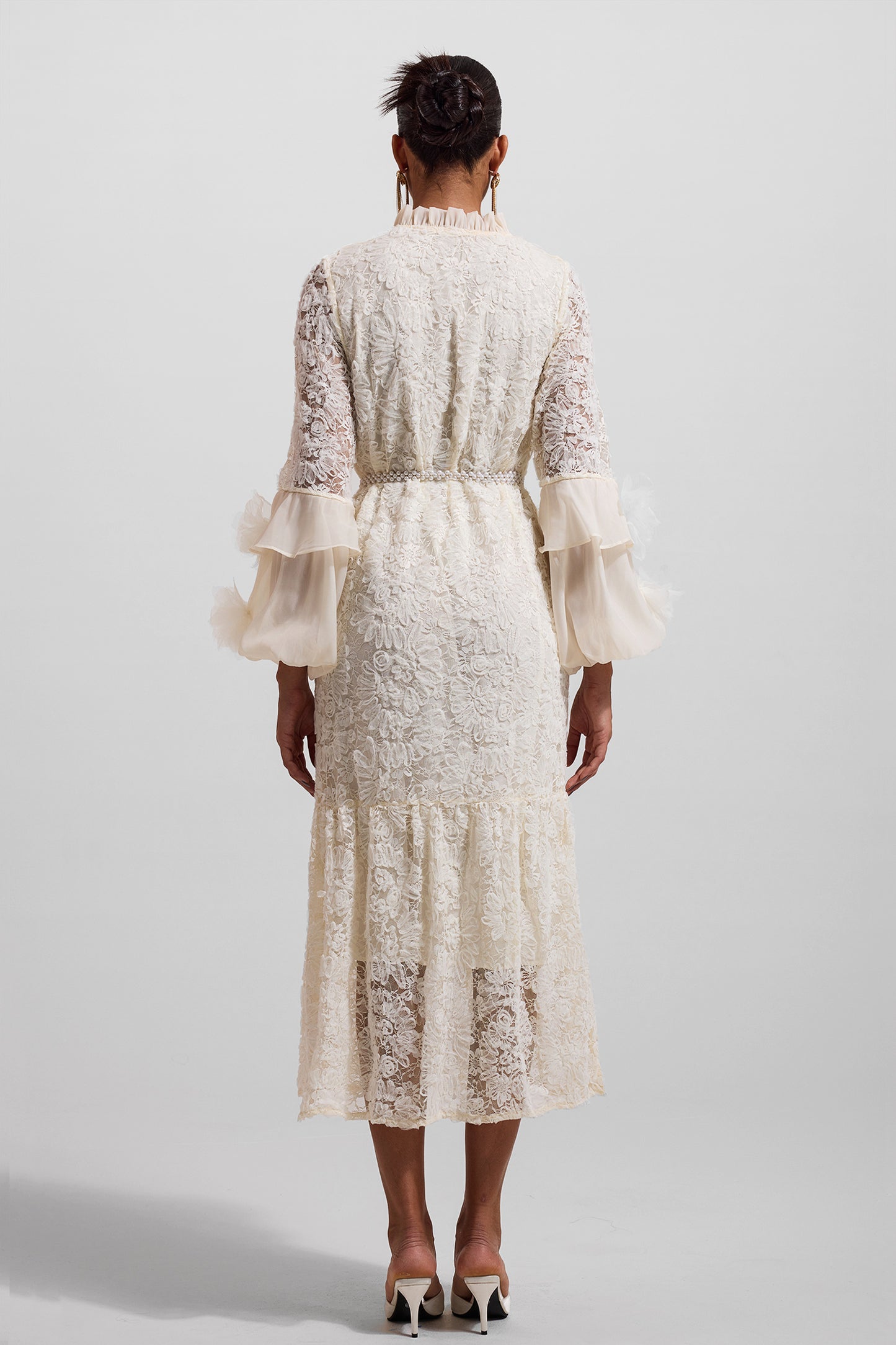 Solid Lace 3D Floral Midi Dress With Faux Pearl Belt