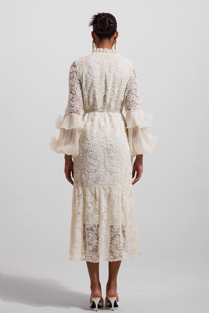Solid Lace 3D Floral Midi Dress With Faux Pearl Belt