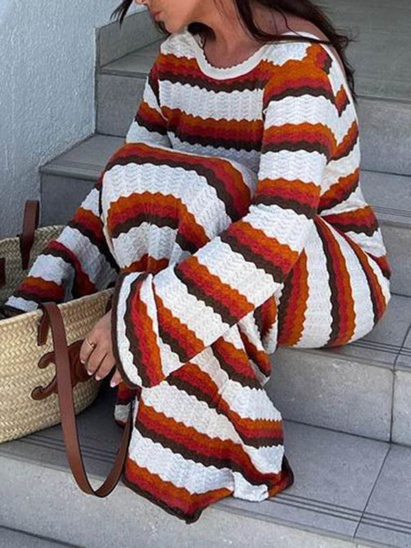 Long Sleeves Loose Backless Split-Joint Striped Round-Neck Maxi Dresses Sweater Dresses