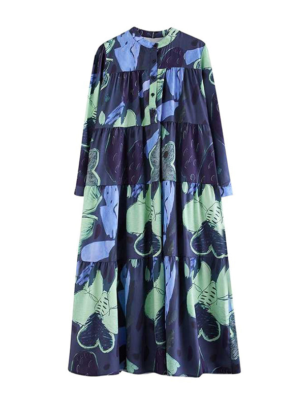 A-Line Long Sleeves Buttoned Flower Print Pleated Split-Joint Round-Neck Midi Dresses