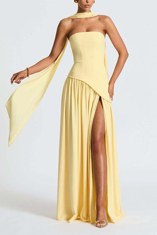 Strapless Back Lace-up High Slit Splice Maxi Dress