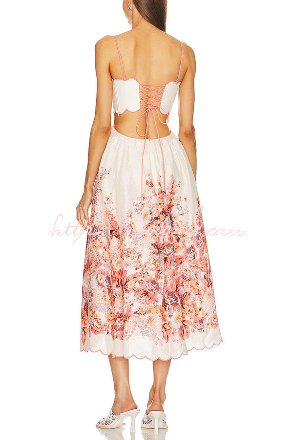 Cabo Sunsets Floral Print Petal Trim Back Lace-up Pocket Midi Dress