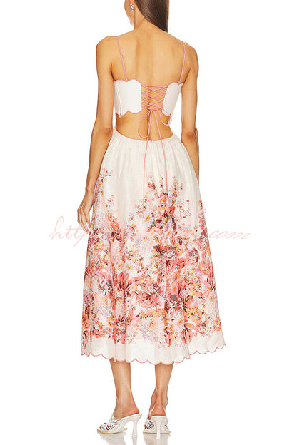 Cabo Sunsets Floral Print Petal Trim Back Lace-up Pocket Midi Dress