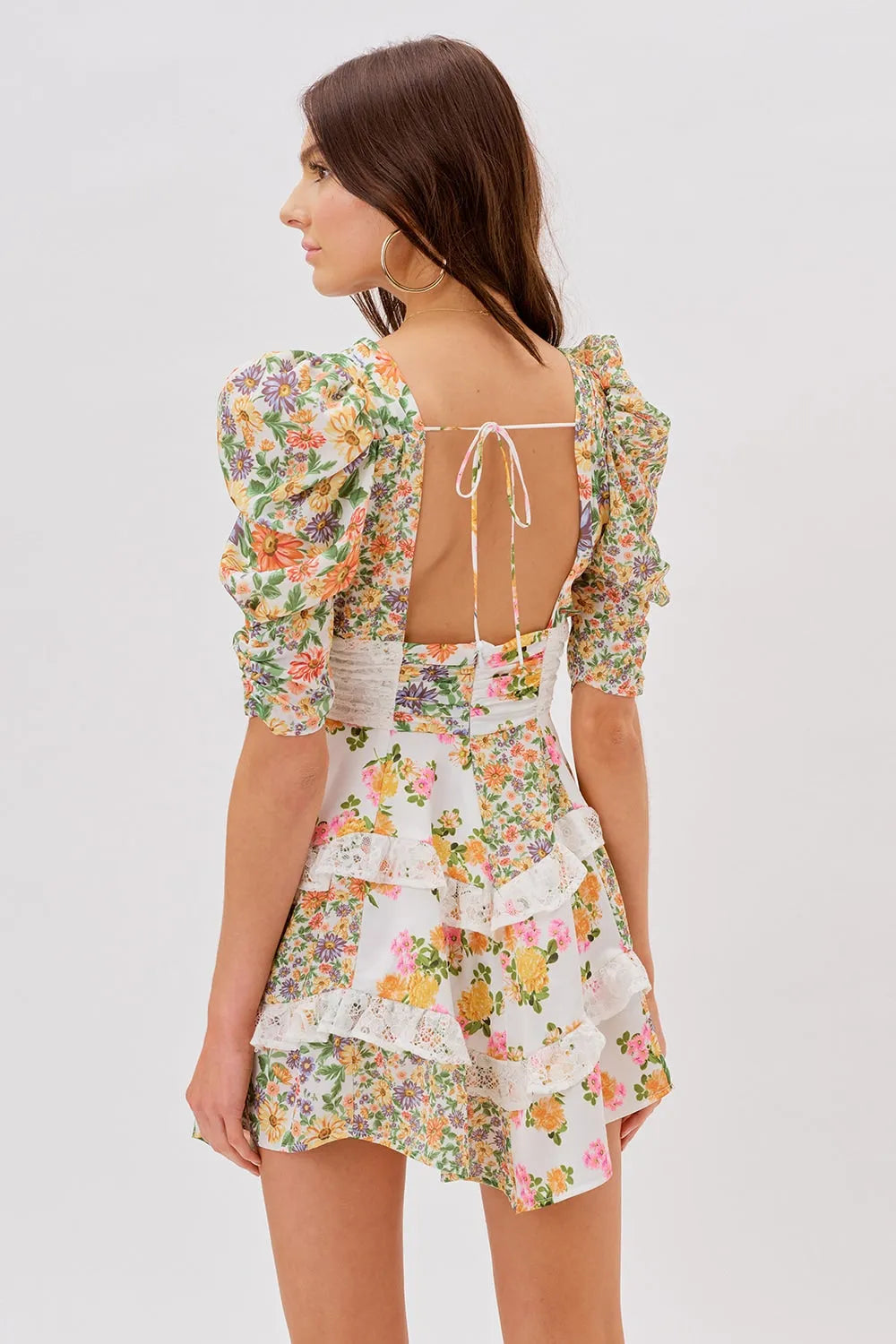 Floral V-Neck Puff Sleeve Ruffle Hem Mini Dress Yellow
