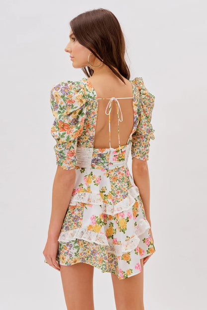 Floral V-Neck Puff Sleeve Ruffle Hem Mini Dress Yellow