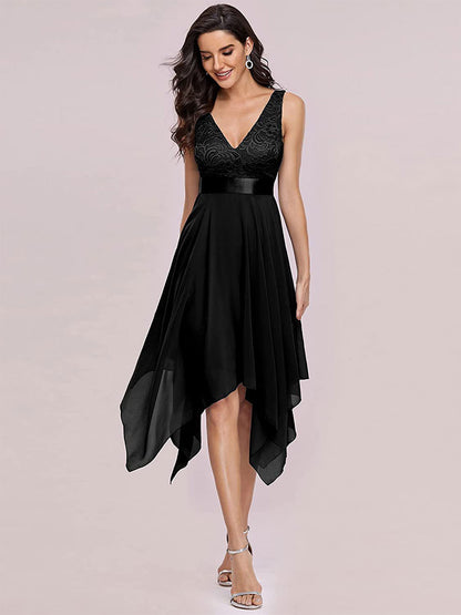 Handkerchief Dresses V-Neck Sleeveless Ribbon Waist Irregular Prom Midi Dress