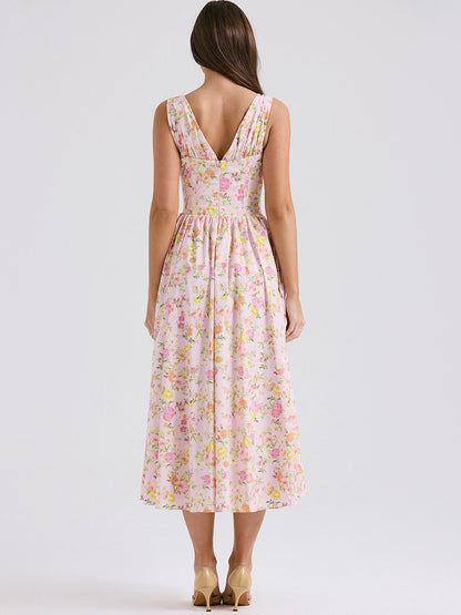 Sleeveless Dress Floral Pleated Knot Details Party Midi Dresses
