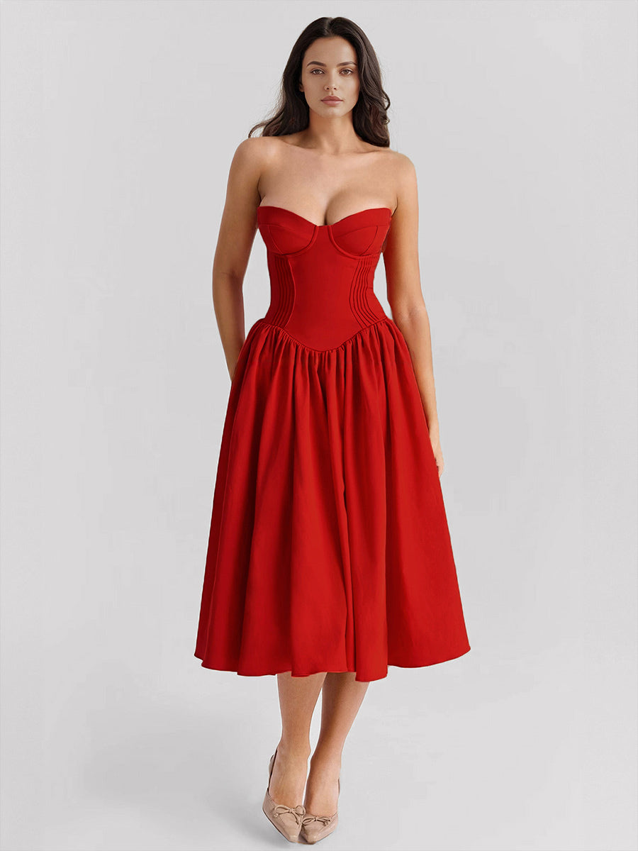 Red Party Dress Strapless Backless Retro Elegant Midi Dress