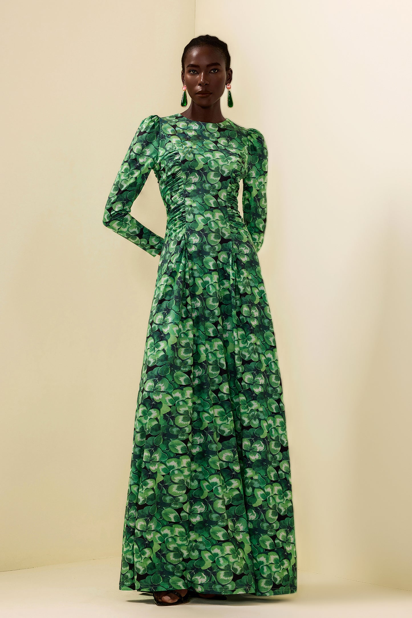 Botanical Print Long Sleeve Round Neck Maxi Dress
