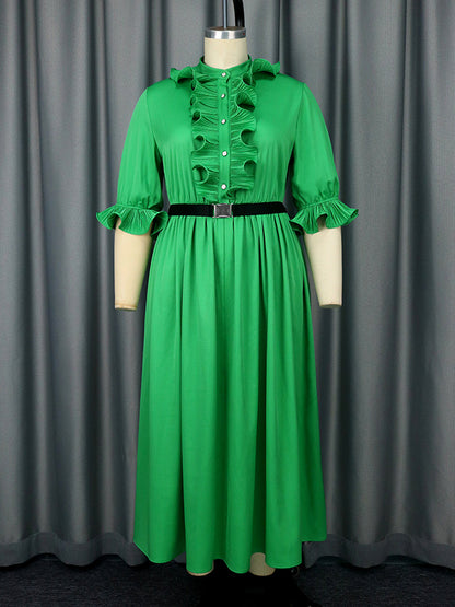 A-line Ruffle Sleeves Belted Buttoned Pleated Ruffled Solid Color Tied Waist Maxi Dresses