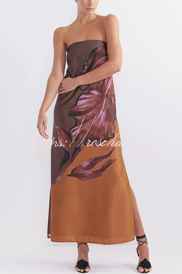 Floral Print Sexy Elastic Bandeau Slit Midi Dress
