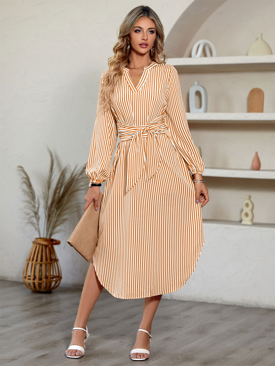 Midi Dress Blue V-Neck Stripe Print Long Sleeves Fall Dress For Women