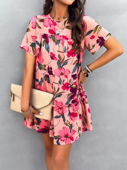 Botanical print short-sleeved tiered mini dress
