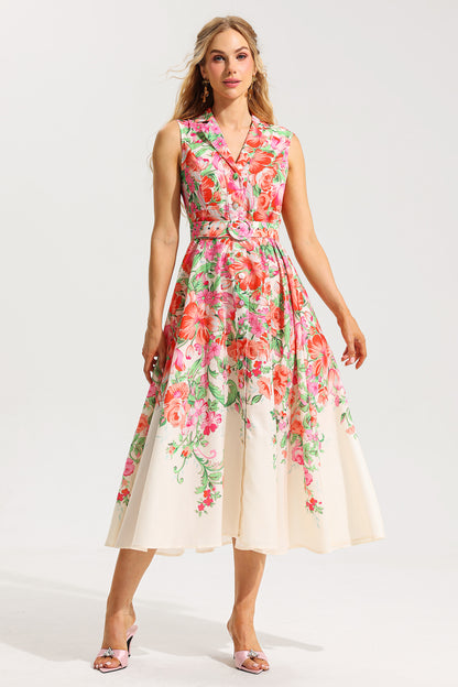 Floral Bottom Sleeveless Midi Dress With Belt