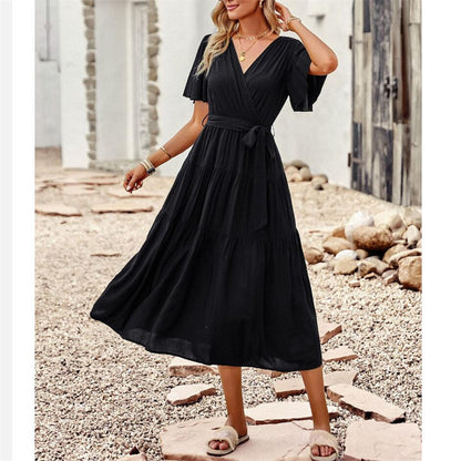 Solid Color High Waisted V-Neck Maxi Dress for All Occasions
