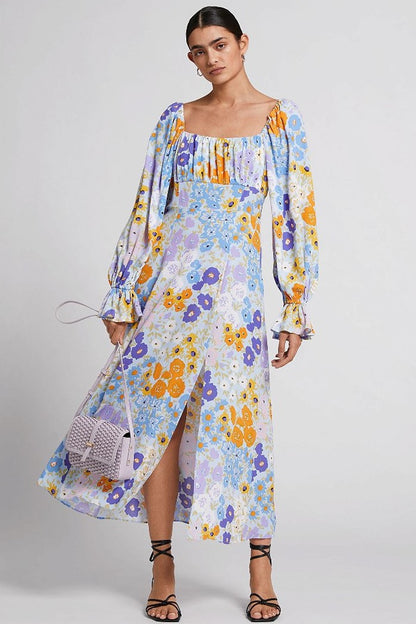 Floral Puff-Sleeve Split Midi Dress