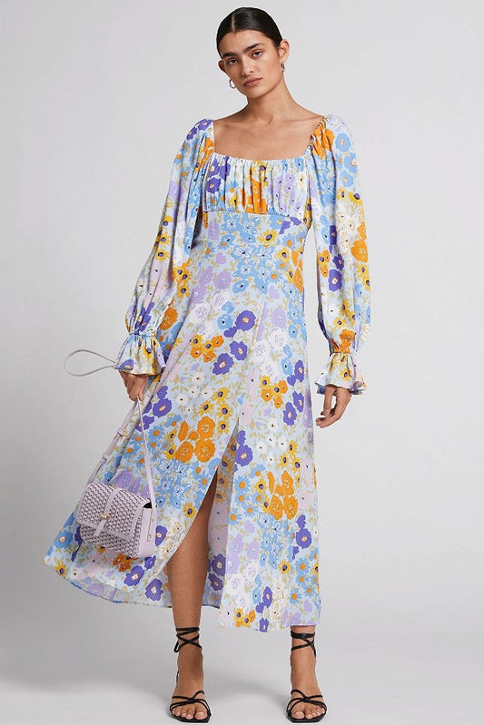 Floral Puff-Sleeve Split Midi Dress