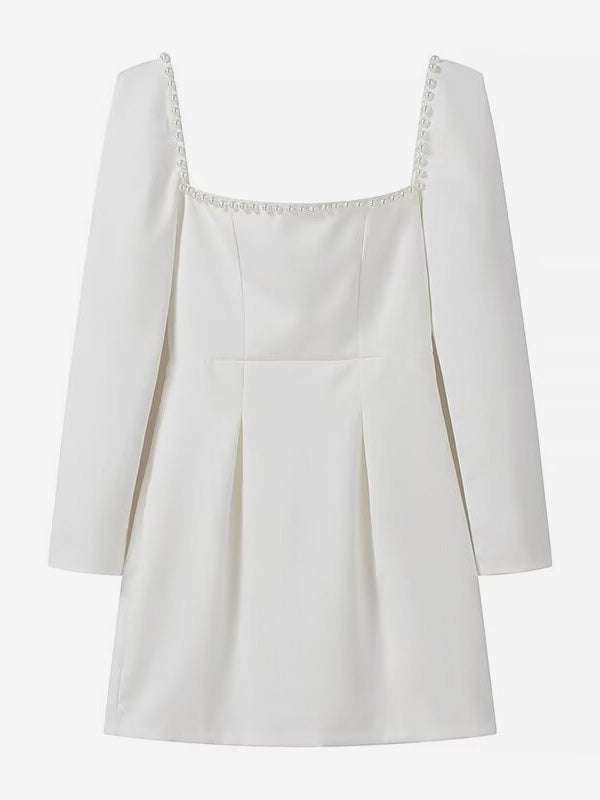 Black Mini Dress Sqaure Neck Long Sleeves Contrast Trim Graduation Dresses
