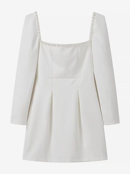 Black Mini Dress Sqaure Neck Long Sleeves Contrast Trim Graduation Dresses