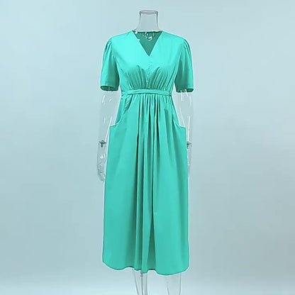 Summer Dress Short Sleeves V-Neck Pleated Pockets Casual Midi Dresses