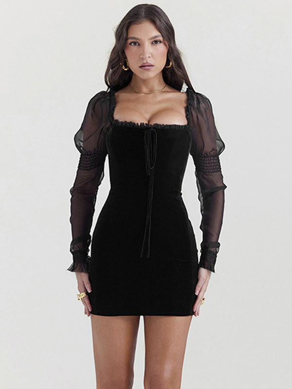 Sexy Black Dress Square Neck Ruffles Lace Up Backless Mini Dresses