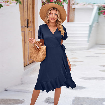 V-Neck Short Sleeve Irregular Midi Dress in Various Colors