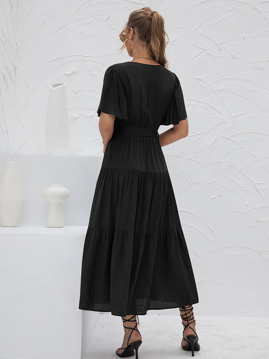 V-Neck Maxi Dress Short Sleeves Casual Layered Floor Length Dress
