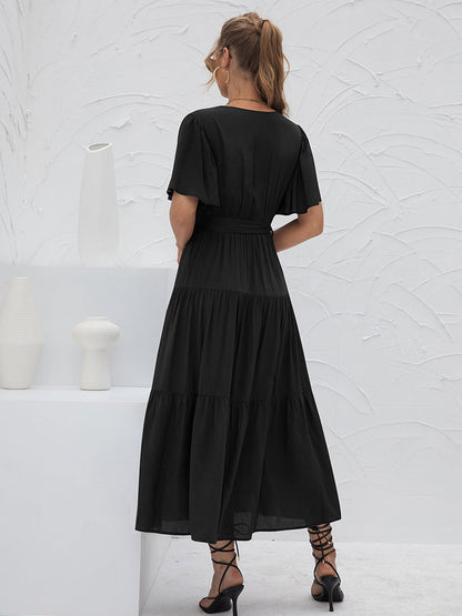 V-Neck Maxi Dress Short Sleeves Casual Layered Floor Length Dress