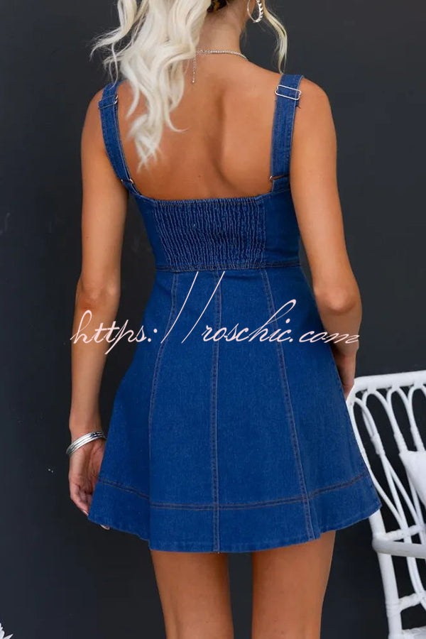 Fitzr Distressed Suspender Pleated Zippered Denim Mini Dress