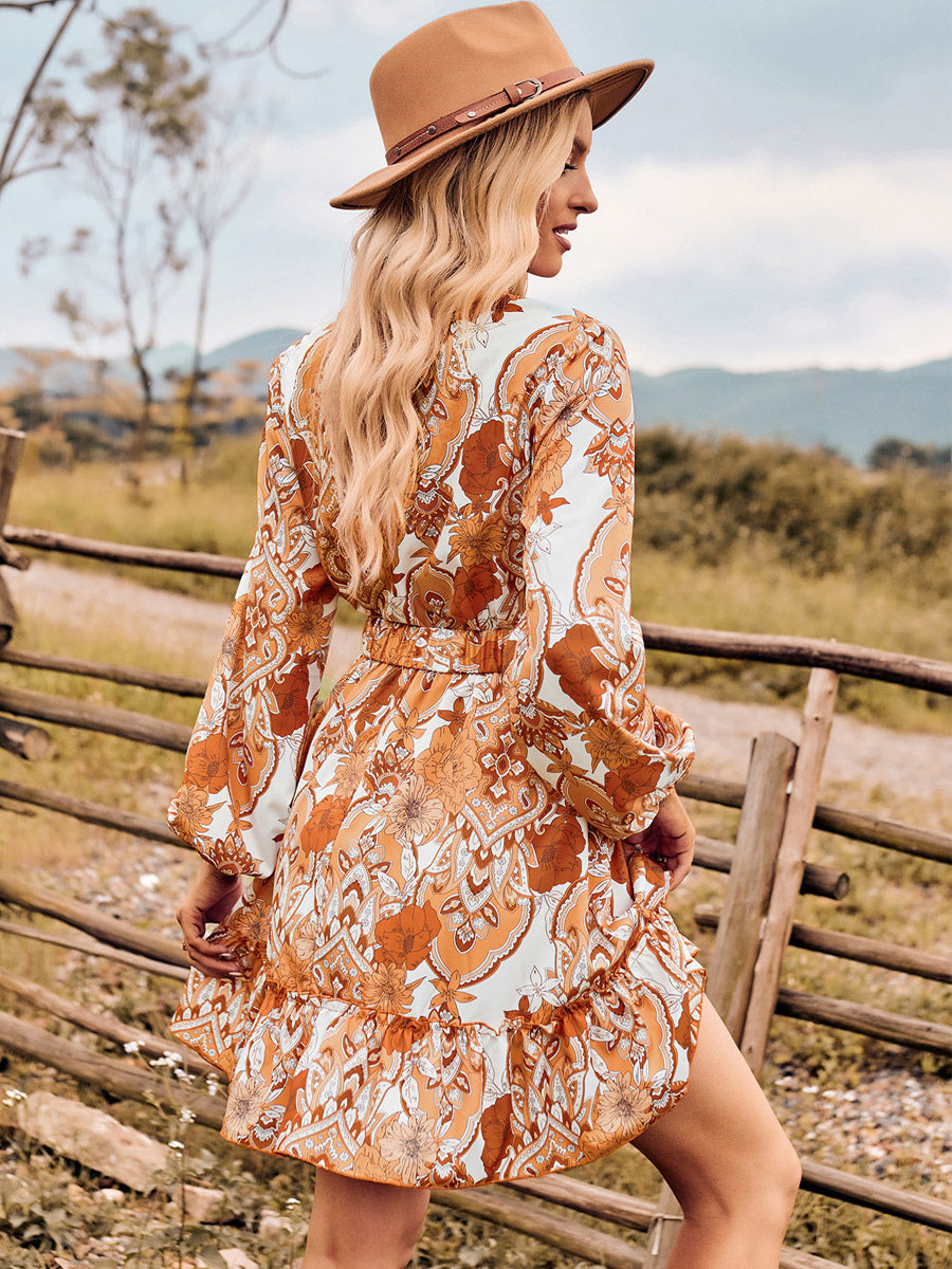 Boho Dress Sash V-Neck Lantern Sleeves Floral Beach Mini Dress