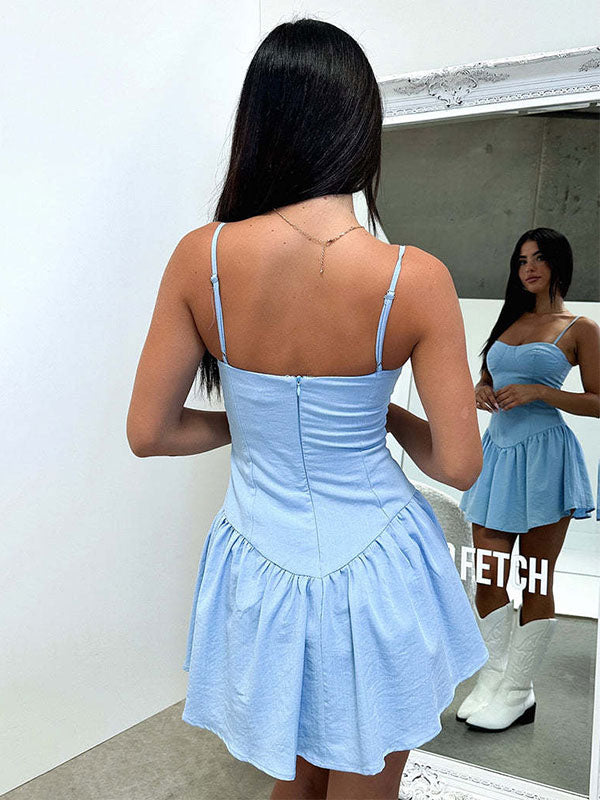 Summer Mini Dresses White Straps Neck Pleated Beach Dress